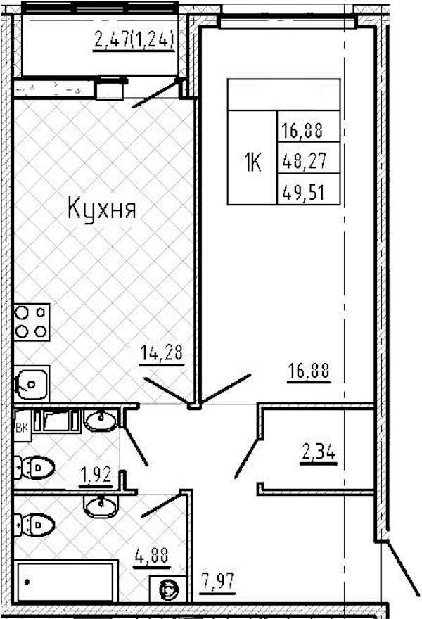 1-комнатная квартира 49.51 м², 4/7 эт., ЖК «Master Place»